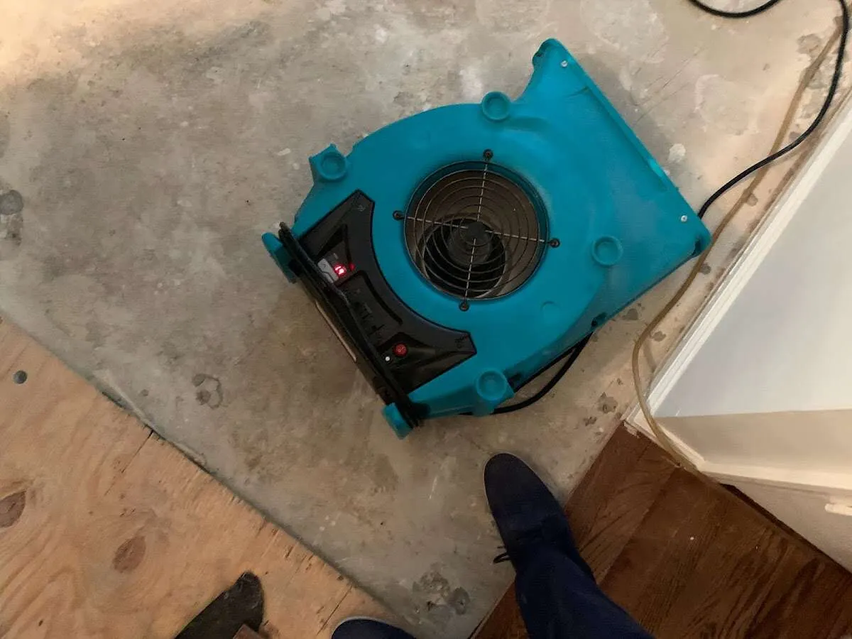 Air mover drying subfloor during Leak Detection & Repair in Las Flores
